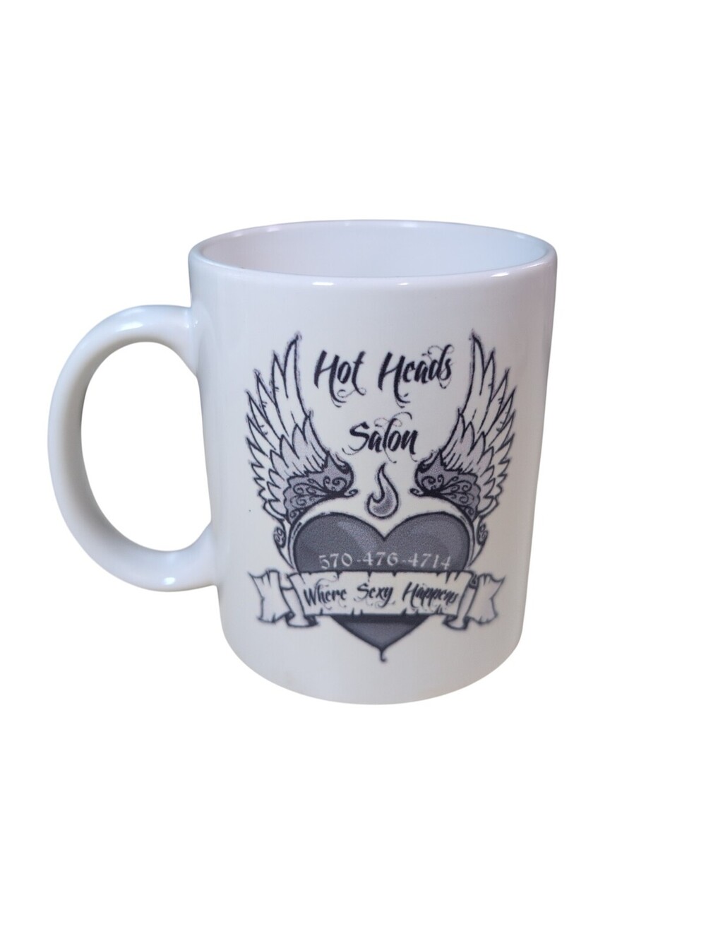 Hot Heads Hair Salon East Stroudsburg PA White/Black Coffee Cup Mug 8oz Advert